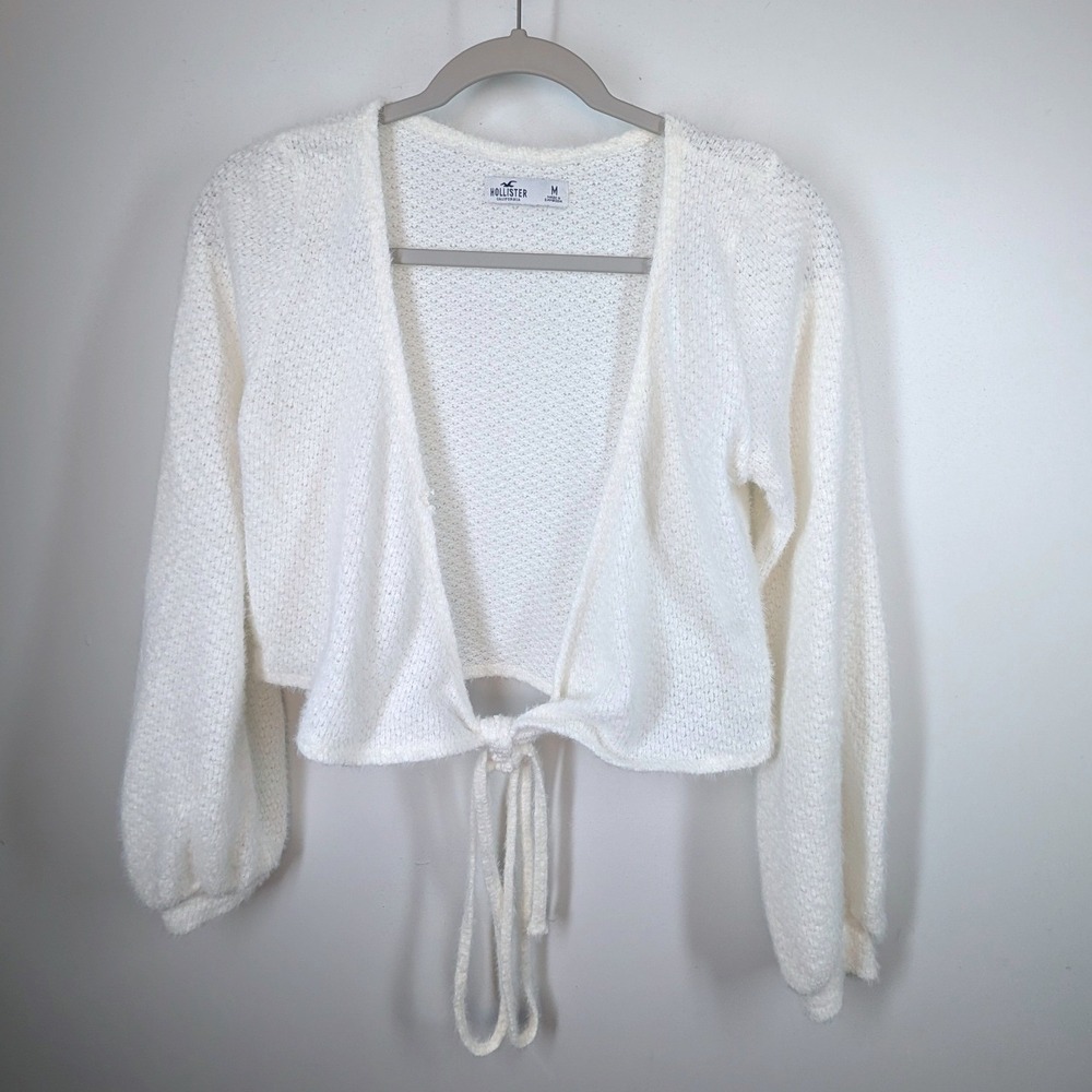 Hollister White Fuzzy Cropped Tie Front Cardigan Balloon Sleeve Sweater Womens M - Picture 2 of 7